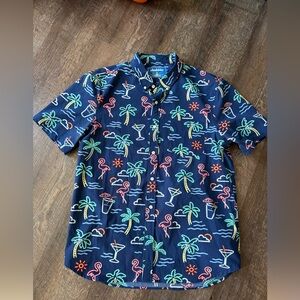 XL Chubbies Blue Casual Button Down w/ Neon Tropical Print Flamingo Palm Tree